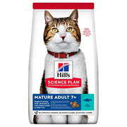 Bag of Hills' Science Plan cat food for mature adult cats with a cat's face on the packaging.