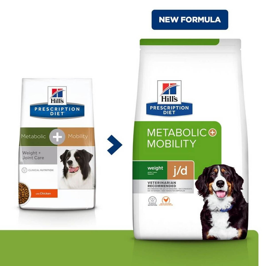 Two packages of Hills Prescription Diet Metabolic Mobility j/d dog food on a white background