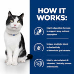 Load image into Gallery viewer, Cat with text explaining a highly digestible formula and benefits on a blue background
