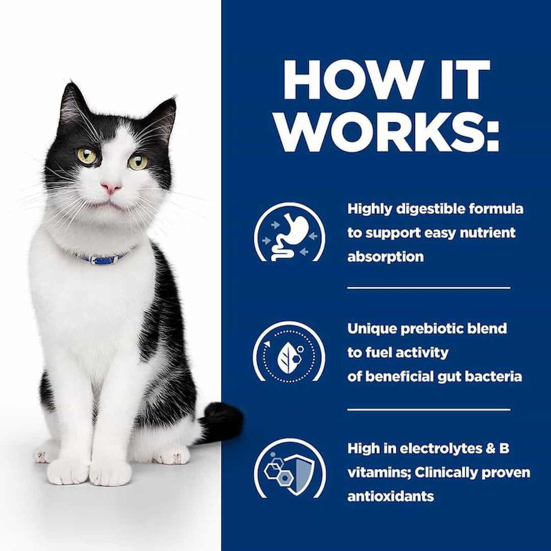 Cat with text explaining a highly digestible formula and benefits on a blue background
