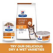 Hills Prescription Diet k/d kidney care cat food packaging with a cat on a white background