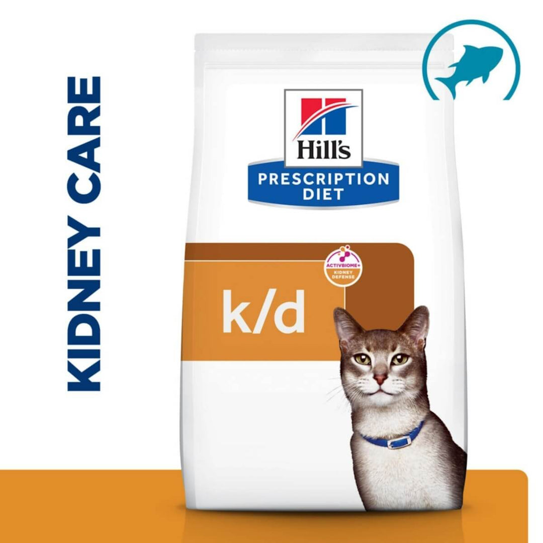 Hills Prescription Diet k/d Kidney Care cat food bag on a white background