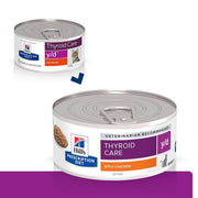 Two cans of Hills Prescription Diet Thyroid Care y/d cat food on a white background.