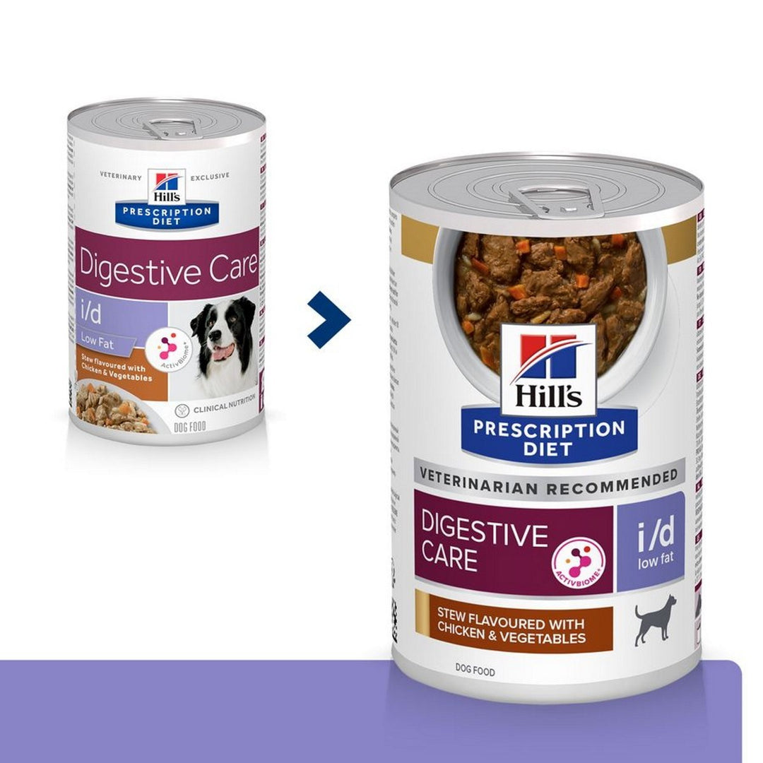 Two cans of Hill's Prescription Diet Digestive Care dog food on a white background