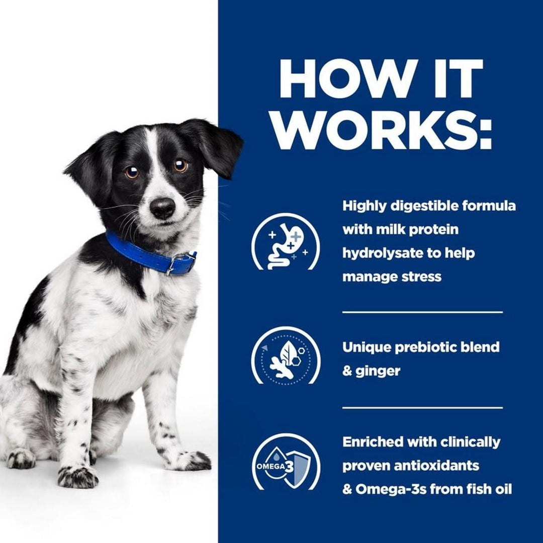 Dog with a blue collar on a white background, next to text about a product's features.