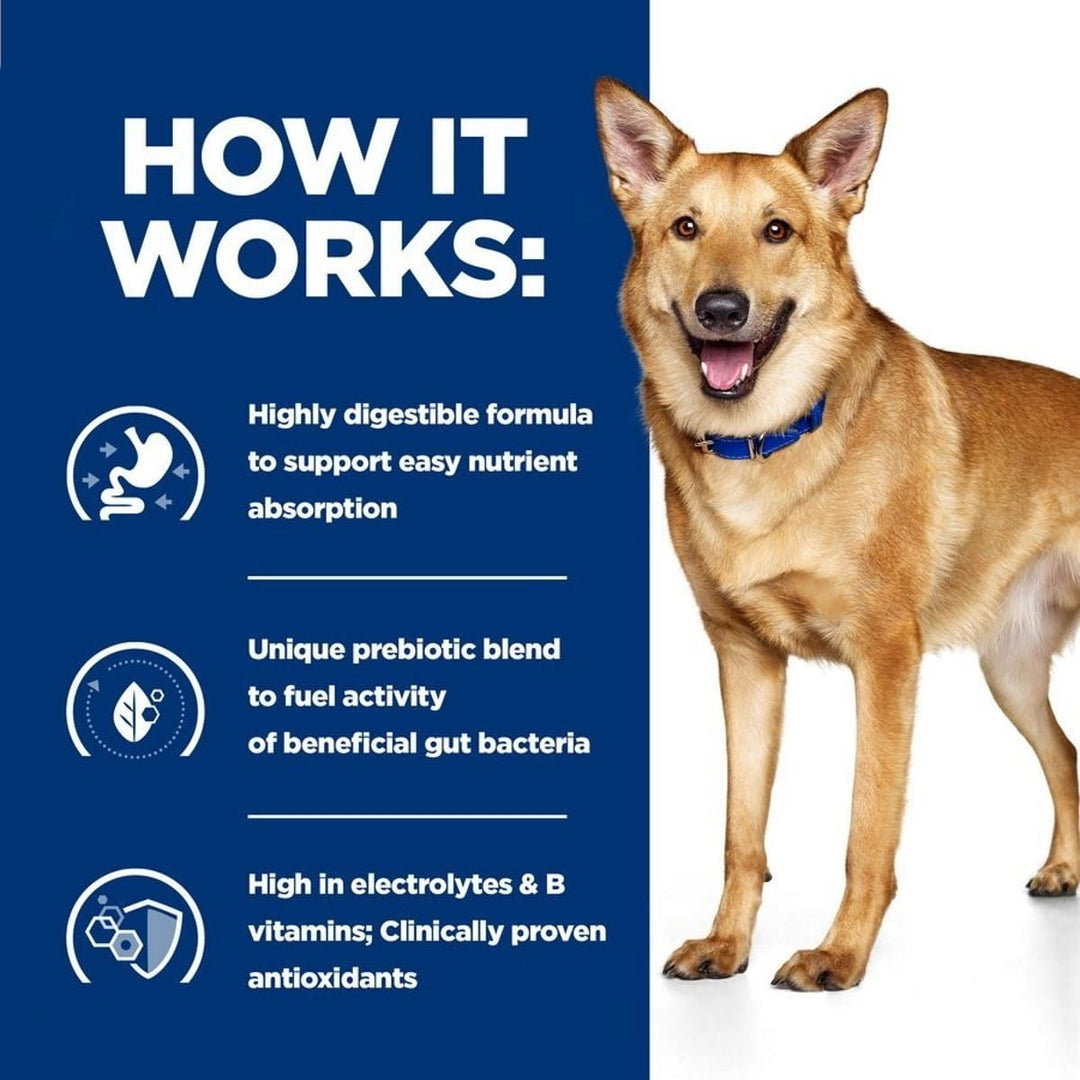 Dog standing next to a blue background with text about a highly digestible formula.
