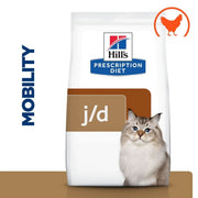 Hill's Prescription Diet j/d Mobility cat food package with a cat on the label.