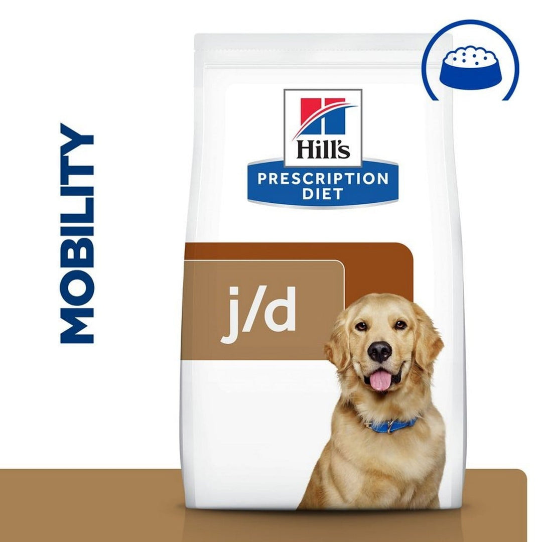 Hills Prescription Diet Mobility j/d dog food package with a dog on a white background