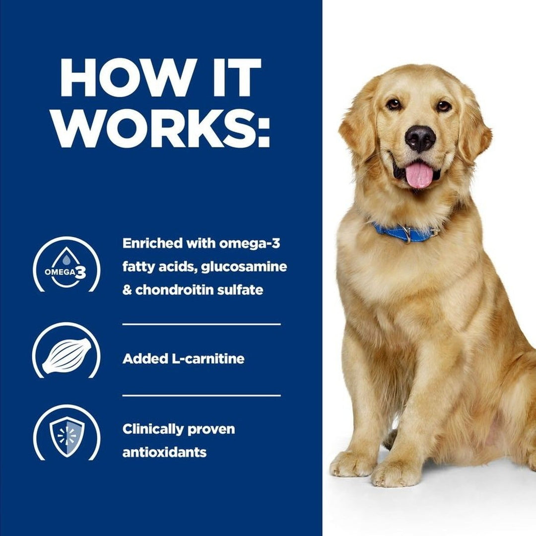 Dog sitting next to a blue background with text about product ingredients