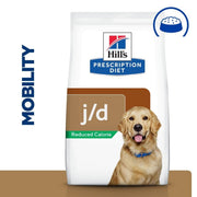 Hills Prescription Diet j/d Reduced Calorie dog food bag with a dog on the label