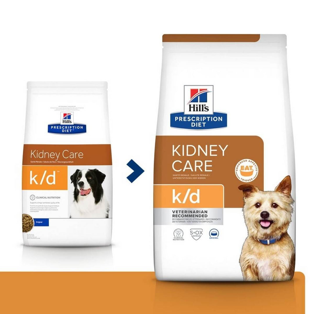 Two packages of Hills Prescription Diet K/D Kidney Care dog food on a white background