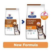 Two packages of Hills Prescription Diet k/d Kidney Care cat food with a 'New Formula' label on a white background.