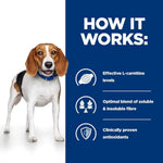 Load image into Gallery viewer, Dog with a blue background and text about effective L-carnitine levels, optimal blend of fibre, and clinically proven antioxidants.
