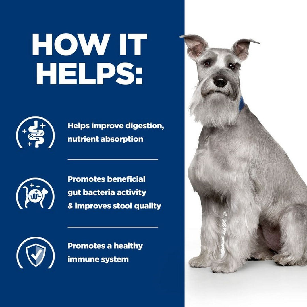 Dog with text on how it helps improve digestion, nutrient absorption, and promotes a healthy immune system.