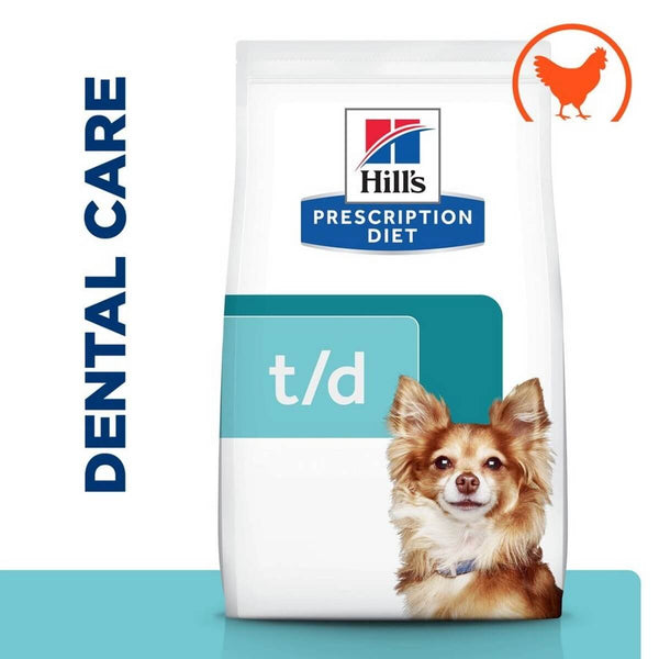 Hills Prescription Diet t/d dental care dog food package with a dog's face on it.
