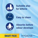 Load image into Gallery viewer, Product packaging with text and icons indicating suitability for kittens, ease of cleaning, and odor absorption on a blue background.
