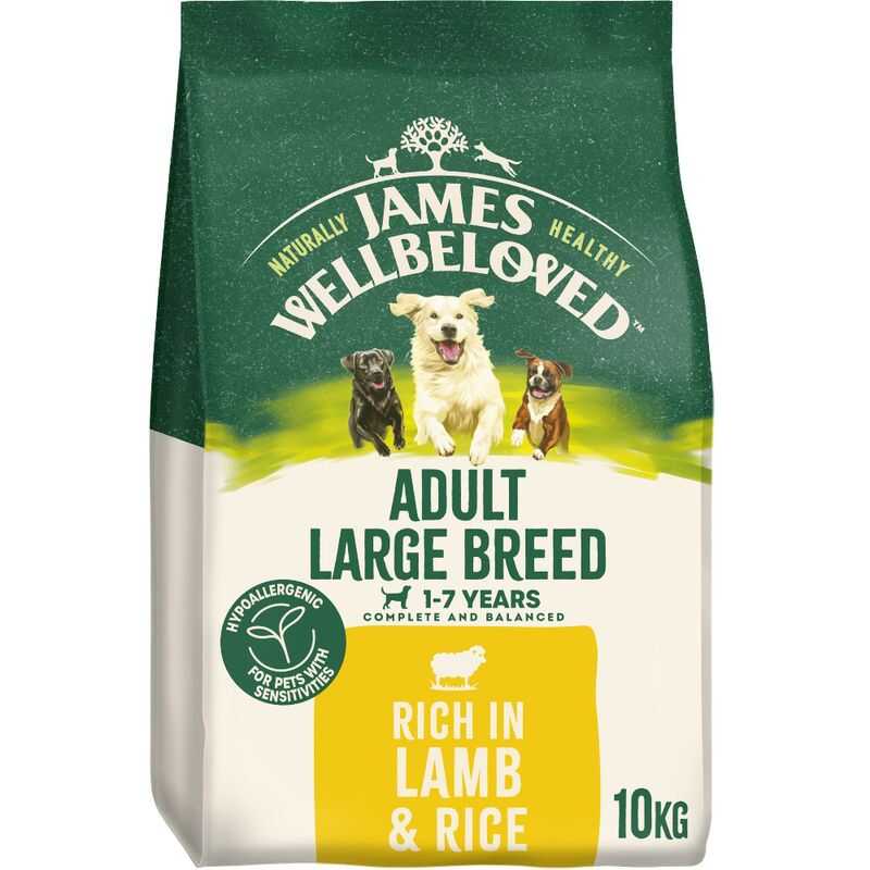 Bag of James Wellbeloved adult large breed dog food with images of dogs on a green and white background.