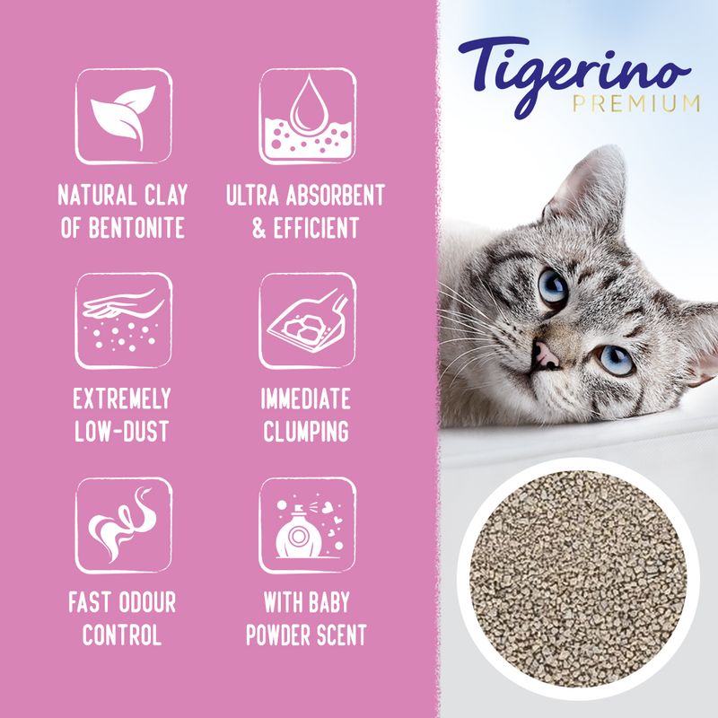 Tigerino Premium cat litter packaging with a cat and product features on a pink background