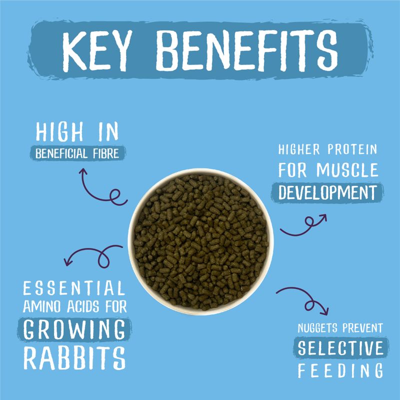 Key benefits of a product for rabbits on a blue background