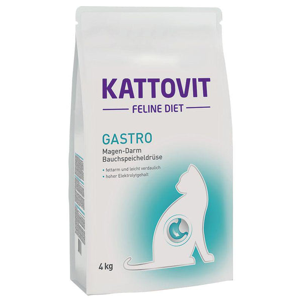 A package of Kattovit Gastro Dry Food for cats, predominantly white with blue accents and a graphic of a cat and a rabbit.