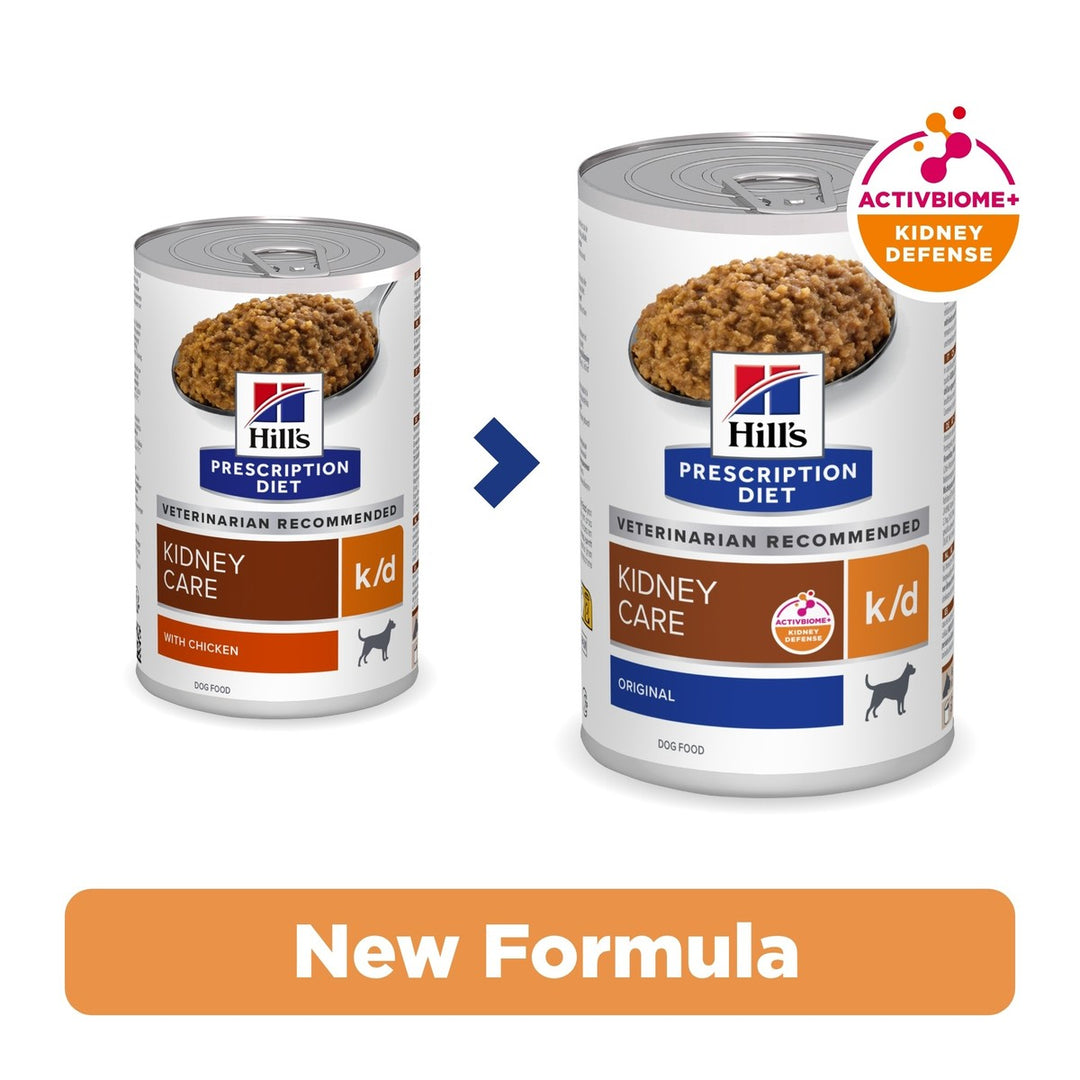 Two cans of Hills Prescription Diet k/d kidney care dog food with a 'New Formula' label on a white background.