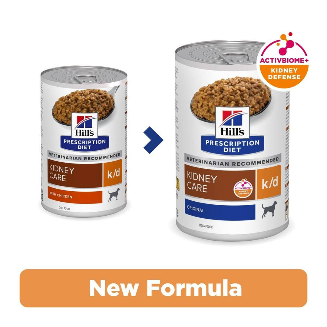 Two cans of Hills Prescription Diet k/d kidney care dog food with a 'New Formula' label.