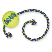 Yellow tennis ball with blue zigzag rope on a white background