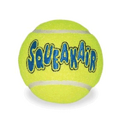Yellow tennis ball with 'Squeakair' text on a white background
