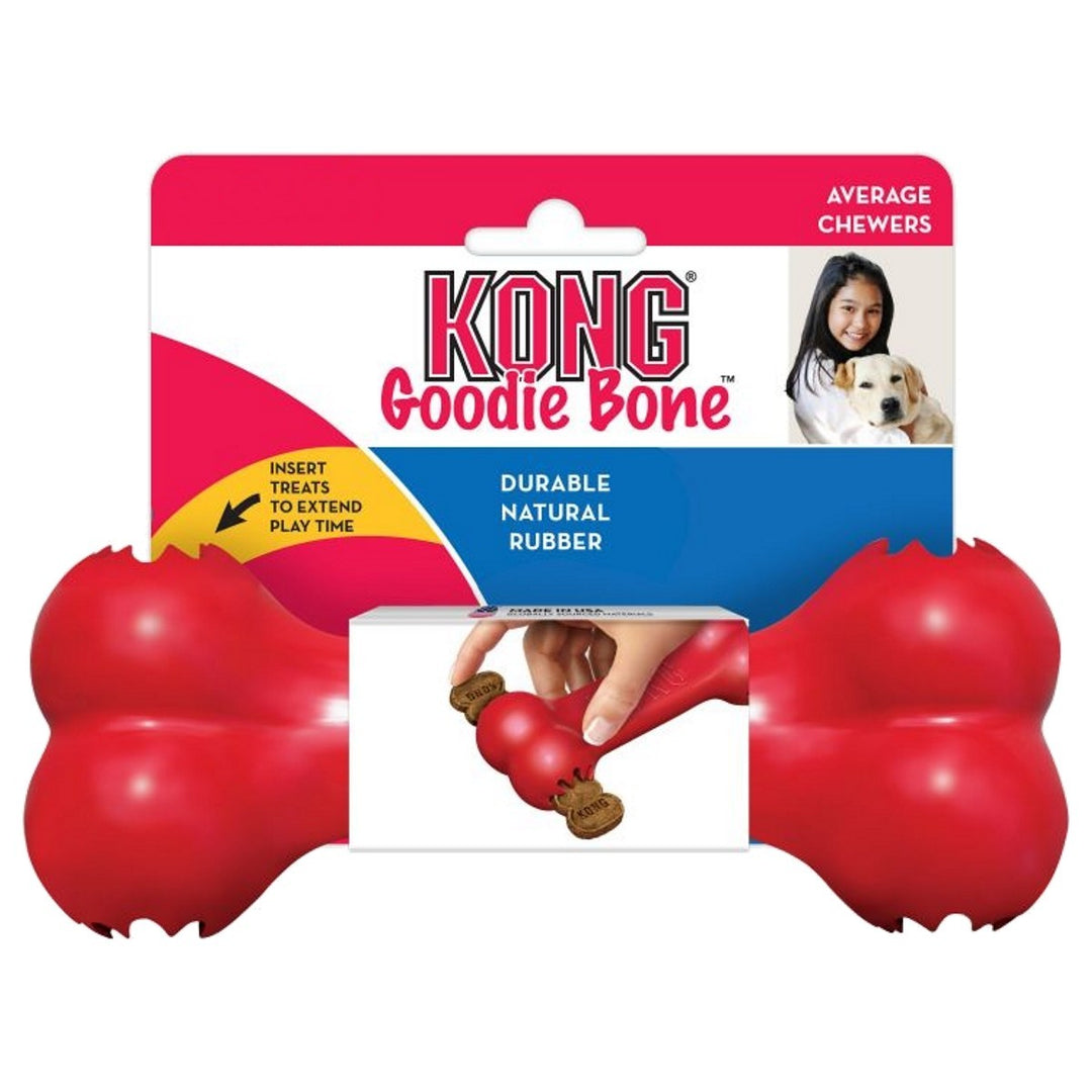 Red KONG Goodie Bone dog toy with packaging on a white background