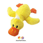 Plush duck toy with orange beak and feet on a white background