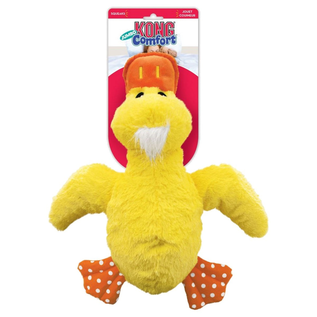 Yellow duck plush toy with an orange hat and polka dot pants on a white background