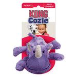 Load image into Gallery viewer, Kong Cozie purple rhino toy with packaging featuring a child and dog.
