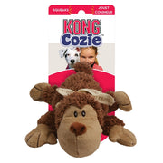 Kong Cozie dog toy with packaging featuring a child and dog.