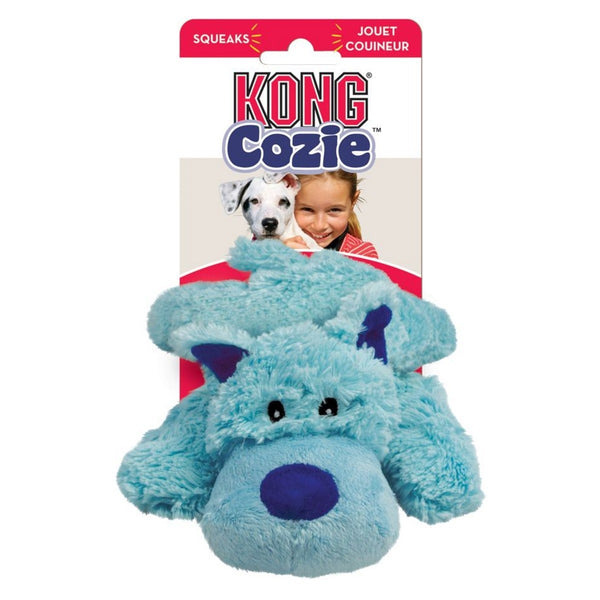 Blue dog toy with KONG Cozie branding on a white background