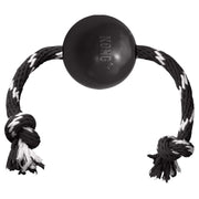 Black KONG dog toy with a rope on a white background alifant