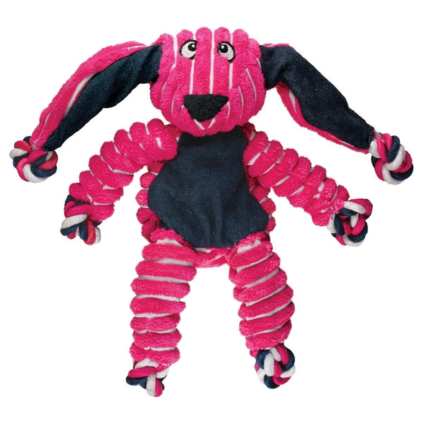 Pink and black dog toy with a rope body on a white background
