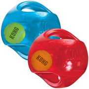 Two KONG dog toys, one blue and one red, on a white background.