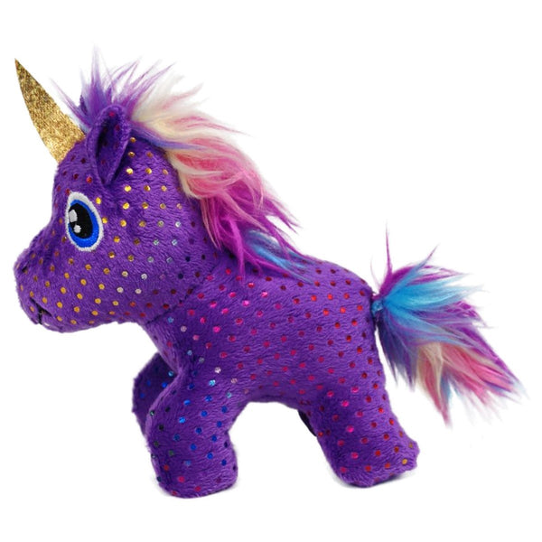 Purple unicorn plush toy with a gold horn and multicolored mane on a white background