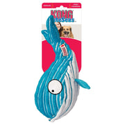 Blue and white whale-shaped dog toy with packaging on a white background