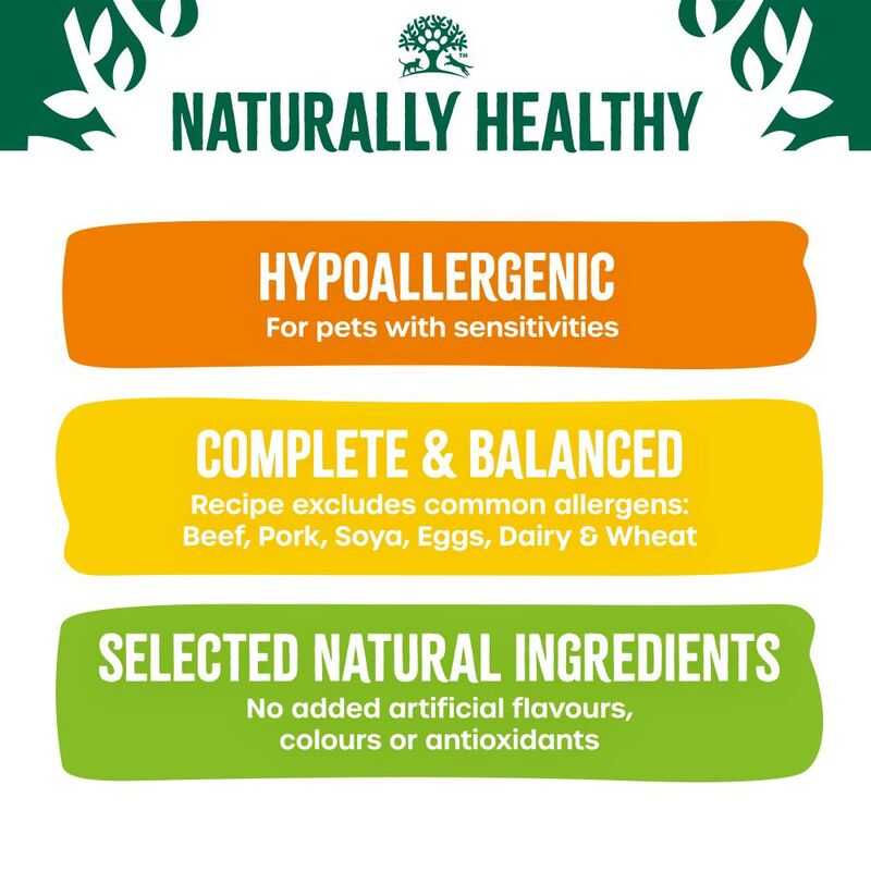 Naturally Healthy pet food label with key features on a white background
