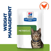 Hills Prescription Diet Metabolic weight management cat food pouch with a cat on a white background