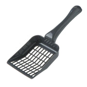 Black plastic cat litter scoop on a white background