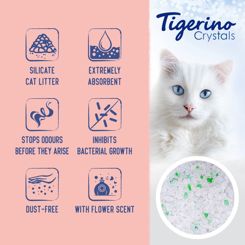 Tigerino Crystals cat litter packaging with features and a white cat on a light blue background.