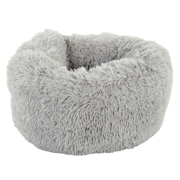 Fluffy gray pet bed on a white background