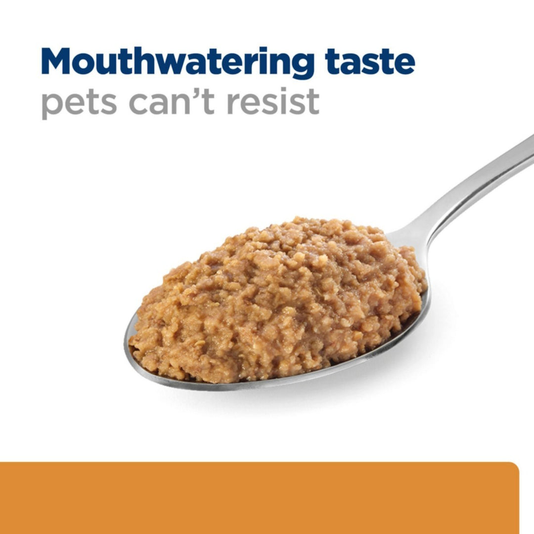 Spoonful of pet food with text 'Mouthwatering taste pets can't resist' on a white background