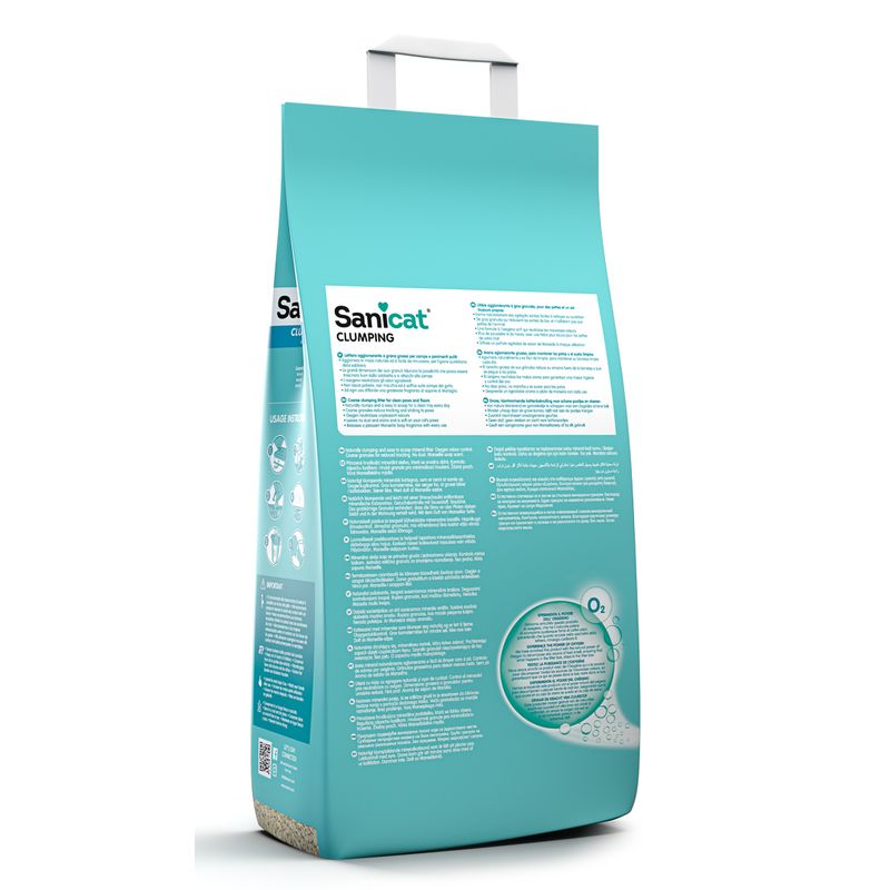 Teal bag of Sanicat cat litter on a white background