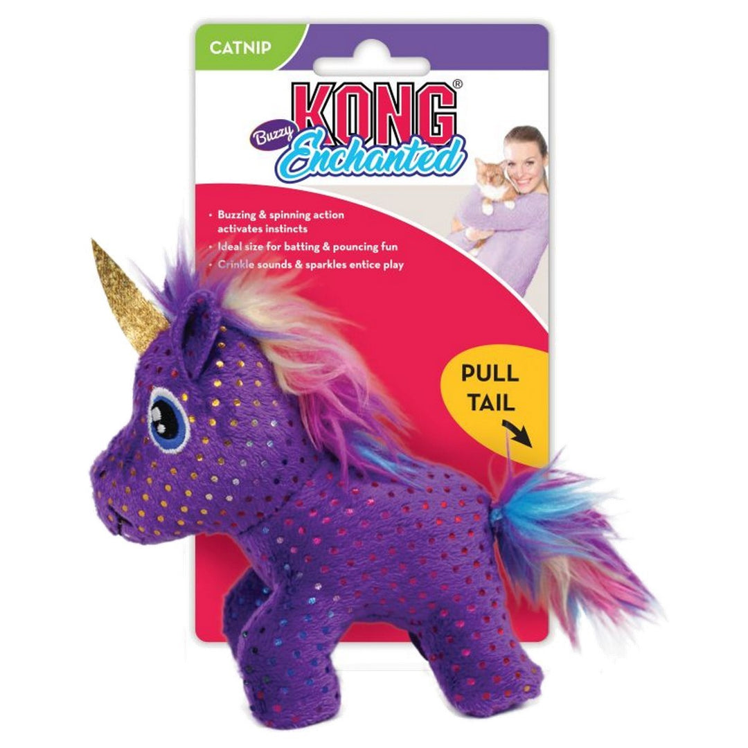 Purple unicorn toy with gold horn and pink mane on Kong Enchanted packaging.