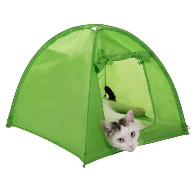 Green pet tent with a cat peeking out on a white background