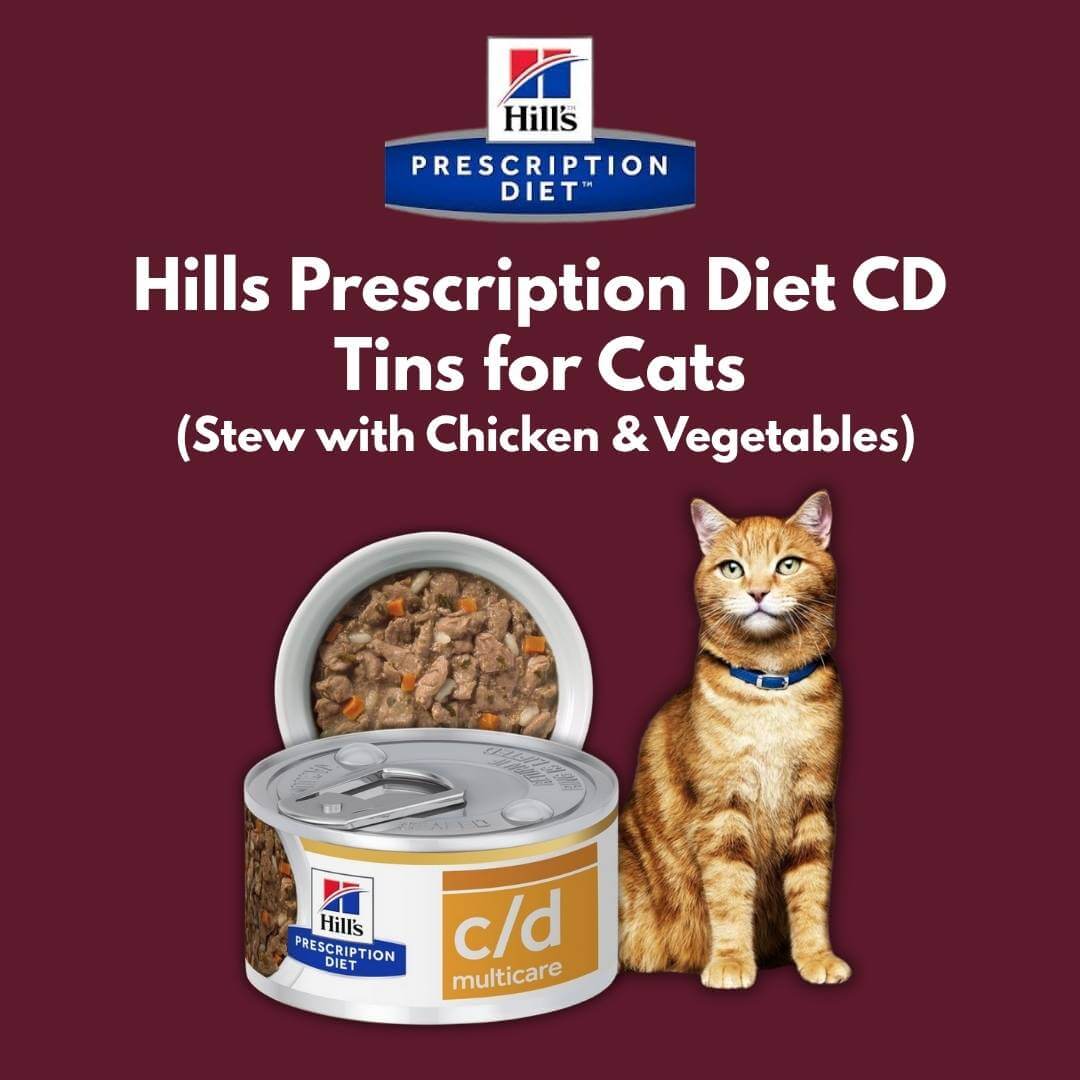 Hills Prescription Diet cat food cans with a cat on a red background