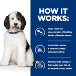 Load image into Gallery viewer, Dog with text explaining how a product works to lower bladder stone concentration.
